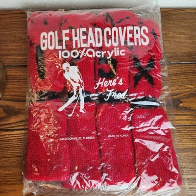HERE'S FRED Vtg NOS Knit Golf Club Covers w/Pom Poms Red Black 4 pc. set - X, 1, 3, 5 NWT