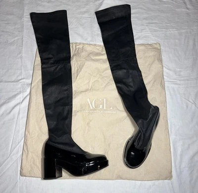 AGL Botas de Cuero Elastizadas Sobre la Rodilla Negras con Tacón Bloque, Se Venden Con Bolsa IT 37 Foto 1 de 3