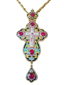 Greek Russian Orthodox Multicolored Enamel Six Ruby Stones Clergy Pectoral Cross - Picture 1 of 3