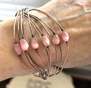 Vintage Pink Cat Eye Glass Artisan Copper Cuff Bracelet - Picture 1 of 6