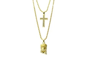 Men's 14K Gold Plated Jesus & Cross 20"&26" Combo Pendant Necklace MHC 204 G - Picture 1 of 3