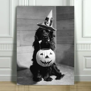 CUTE VINTAGE Black & White Halloween Dog - CANVAS ART PRINT POSTER - 36x24" - Picture 1 of 1