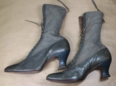 Antique 1920s Victorian Lace-Up Gray Leather Ladies Womens Boots High-Top Shoes - Image 1 of 4