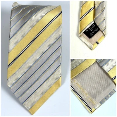 Ermenegildo Zegna Men's Yellow Gray Striped Silk Neck Tie Wide 4” Long 60” ITALY - Image 1 of 4