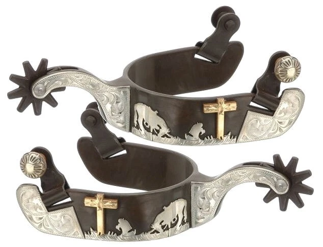 Western Rowel Spurs - Praying Cowboy-Cross-Horse Motiff - Brown Iron - Silver  - Image 1 of 1