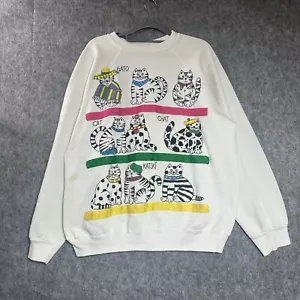 Vintage Sweater Sweatshirt Womens Large White Cats Kitty Cat Mom Teacher USA * - Picture 1 of 21
