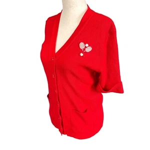 Cárdigan de Colección Años 60 Rojo Tejido Manga Corta Suéter Top Tenis Raqueta Apliques M/L - Imagen 1 de 4