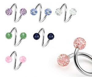 New Surgical Steel Twisted Barbell with 4mm Glitter Balls Tragus Labret Stud 