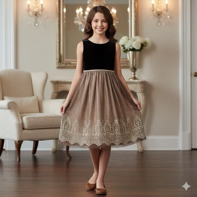 Vestido de festa com miçangas caviar edições raras meninas grande marrom/dourado lantejoulas - Imagem 1 de 4