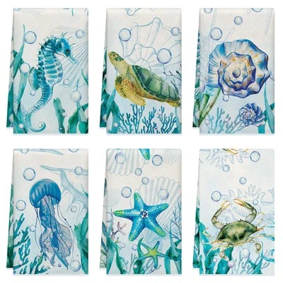 6 Pcs Beach Kitchen Towels Coastal Ocean Animal Dish Towels Fishing Hand Towels - Image 1 of 4