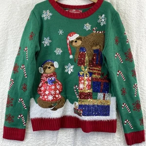 33 Grad Pullover Jugend Große 10/12 Grün Ugly Christmas Faultier Paillettenbesatz - Bild 1 von 15