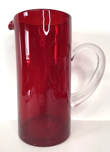 Sonoma Hand Blown Glass Ruby Red Pitcher Applied Clear Glass Handle Holiday 9.5" - Picture 1 of 12