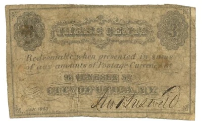 1863 City of Utica, New York 3c Obsolete Scrip (63198) - Image 1 of 2