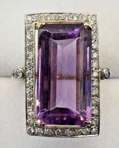 Art Deco 9K Gold Ring Studded with Amethyst  and 0.39 Ct Diamonds, With Certi. - Picture 1 of 10