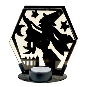 Halloween : glass + metal Witch on Broom votive holder - Picture 1 of 2