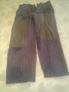 Ancien Pantalon Travail Raye Patchwork Paysan 1900