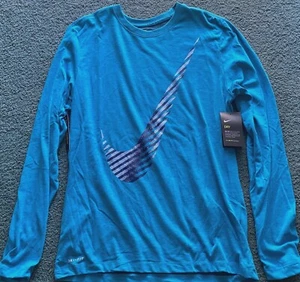 NWT Mens L Nike Turquoise Heather/Blue BIG SWOOSH Dri-FIt Long Sleeve Shirt LG - Picture 1 of 2
