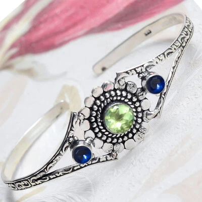 Faceted Peridot & Tanzanite Gemstone 925 Sterling Silver Cuff Bangle For Girl's - Image 1 of 4