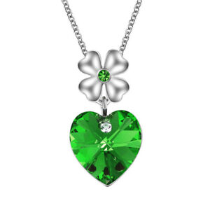 Women's Silver Heart Charm Green Crystal Cubic Zircon Ia Pendant Necklace Gift 