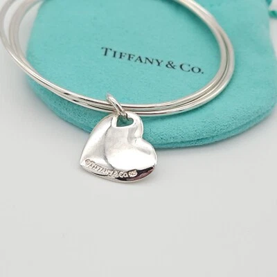 Tiffany & Co. 925 Sterling Silver Heart Tag Triple Bangle Bracelet 7.25 In Pouch - Image 1 of 4