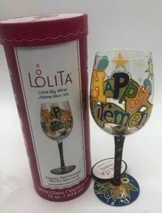 LOLITA HANDPAINTED "HAPPY RETIREMENT" STEMMED WINE GLASS 15OZ - I LOVE MY WINE - Picture 1 of 10