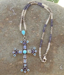 Vintage Nicky Butler Moonstone, Iolite, Sterling Silver Cross Necklace 18” - Picture 1 of 4