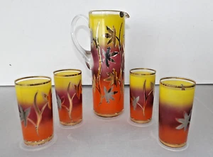 Vintage Bohemian Czech Ombre Gelb Orange Lila Gold Blumen Krug 4 Gläser - Bild 1 von 11