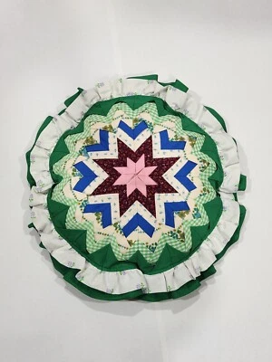 Handmade Quilted Folded Star Throw Pillow 70’s Cottagecore VTG Farm MCM GreenTan - Image 1 of 4