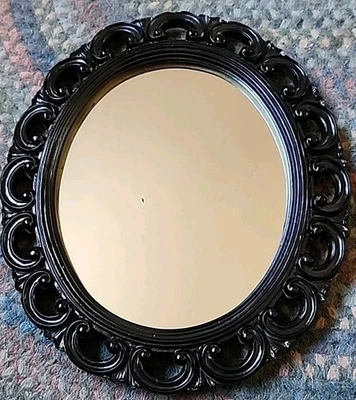 Vintage Victorian Oval Metal Vanity Mirror 14.5 x12" Heavy Ornate Black - Image 1 of 4