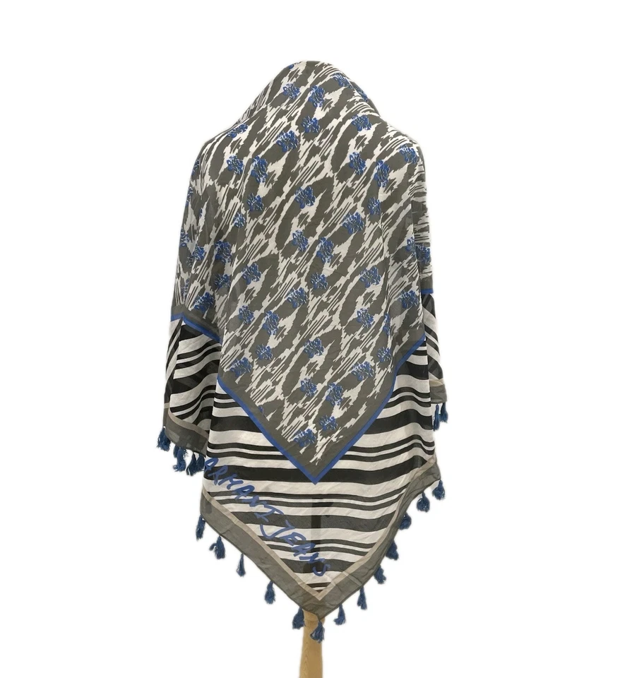 AS2#Armani Jeans Cachecol de Seda Preto Branco Azul Listrado Estampa Floral Borda Borla - Imagem 1 de 4