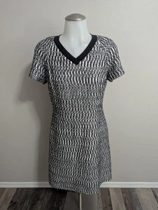 Tory Burch Marbled Woven Tweed V-Neck A-Line Black White Navy Dress Size 4 - Picture 1 of 7