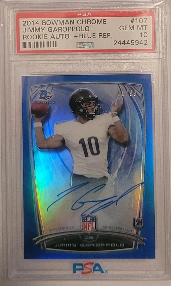 Jimmy Garoppolo PSA 10 Auto 2014 Bowman cromo SP REFRACTOR AZUL RC LA Rams/99  Foto 1 de 2