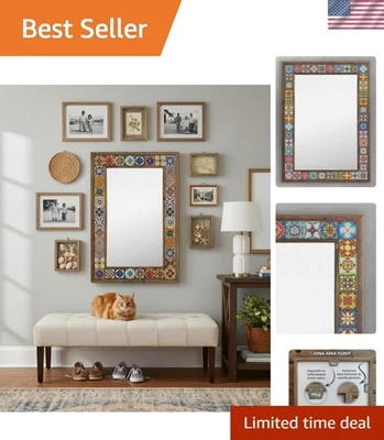 Distinctive Talavera Ceramic Mosaic Wall Mirror - 53x73cm Solid Wood Frame - Image 1 of 4