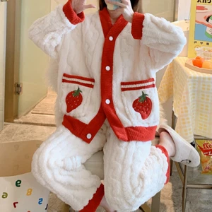 Lady Flannel Coral Fleece Pajama Set Sleepwear Nightwear Sherpa Cable Knit Warm - Picture 1 of 8