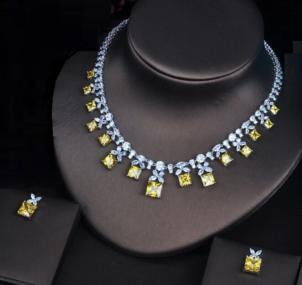 Conjunto de regalo de aretes collar de piedras preciosas de citrino amarillo enchapado en oro blanco de 18k para mujer Foto 1 de 4