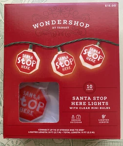 "Santa Stop Here" Wondershop 10 Lights Clear Red Signs LED 9' Total Length NEW - Picture 1 of 4