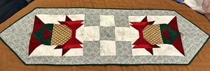 Quilt Christmas Table Runner Hand Made Decor Red Green Gold Angel  64” X 19.25” - Picture 1 of 10