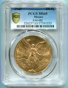 1943 MEXICO 50 PESOS 1.2 Oz. GOLD COIN PCGS MS65 SCARCE LOWEST MINTAGE KEY DATE - Picture 1 of 2