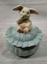 Blue Trinket Box with Bunny on Top Ceramic Dresser Accessory