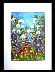 Original Painting in white card Mount "Daisy Garden"  A4 by Judith Rowe - Picture 1 of 2
