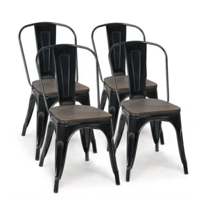 Set of 4 Stackable Metal Dining Chair 18" Kitchen Heavy Duty Stools W/Wood Seats - Picture 1 of 13