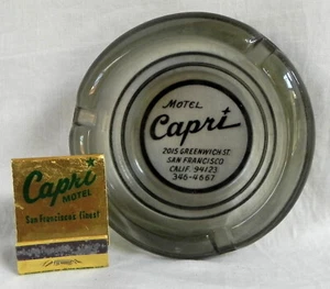 "Motel Capri / San Francisco" Glass Ashtray + Matchbook, 4" Round, 3 Slots, Exc. - Picture 1 of 10