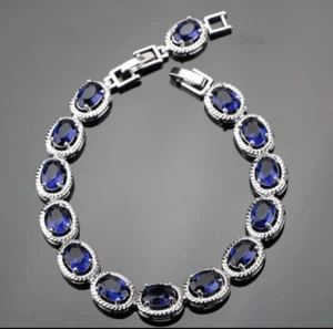 925 Sterling Silver Blue Oval Lab-Created Sapphire Bracelet  Bangle 7-8" - Picture 1 of 7