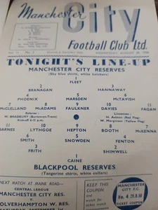 Manchester City Reserve Team Programme V Blackpool Reserves 1956/7 Season. Rare - Picture 1 of 2