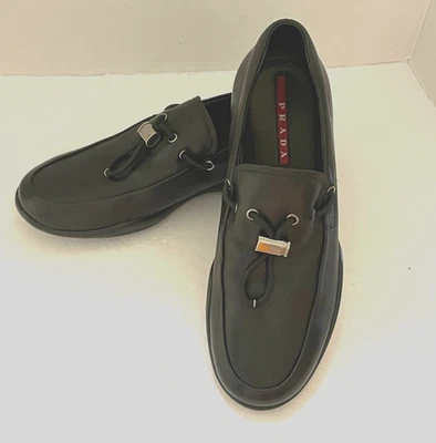 Men's Prada Black Leather Slip-On Shoes With Laced Front And Toggle Size 8 1/2 - Image 1 of 4