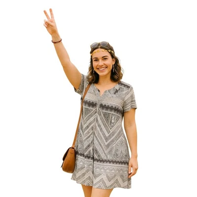 Live and Let Live Boho Tunic Dress Women’s Small Gray Black Geometric Print - Image 1 of 4