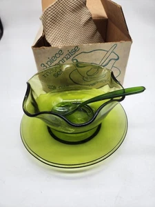 Vintage 3 Piece Mayonnaise Set Indiana Glass Co 2128 Olive Green In Original Box - Picture 1 of 4