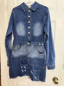MY BOO Women’s Denim Dress Large Blue Long Sleeve Button Up NWT - Picture 1 of 19
