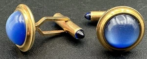 Vintage Krementz Cufflinks Goldplated Blue Moon Glow Lucite Cabochon - Picture 1 of 13