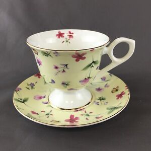 Vintage Gracie Bone China by Coastline Imports Yellow Pastel Butterflies Flowers